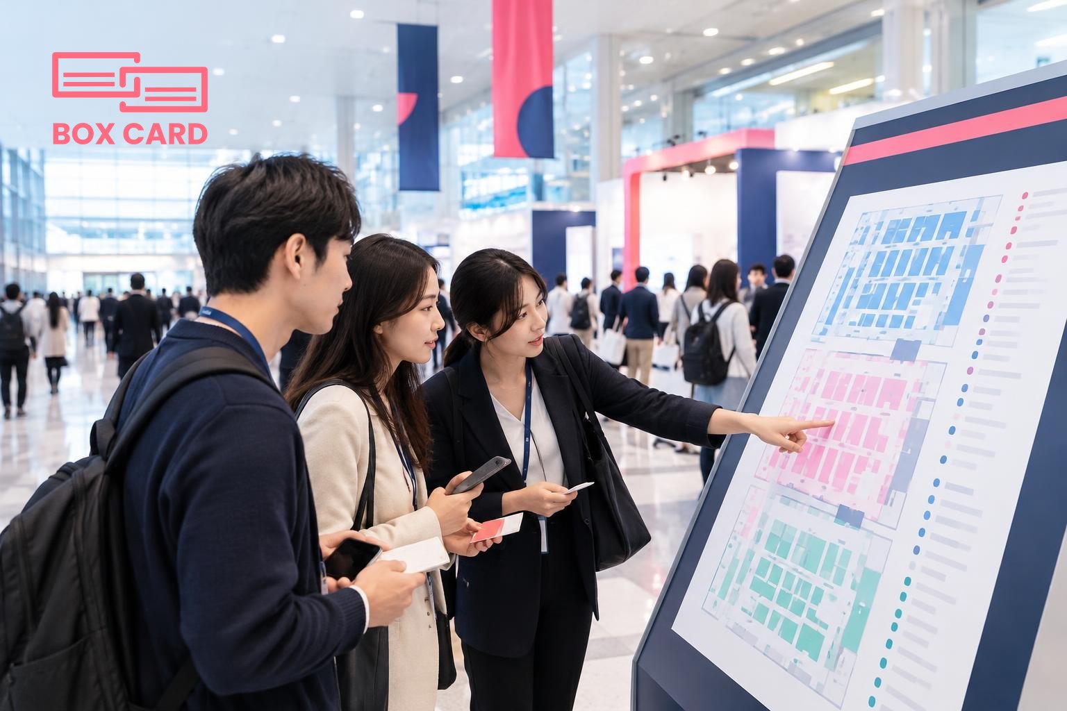 코엑스 로비에서 관람객들이 전시장 지도를 보며 일정과 부스 번호를 확인하고, 손에 명함과 스마트폰을 들고 있는 편집 사진