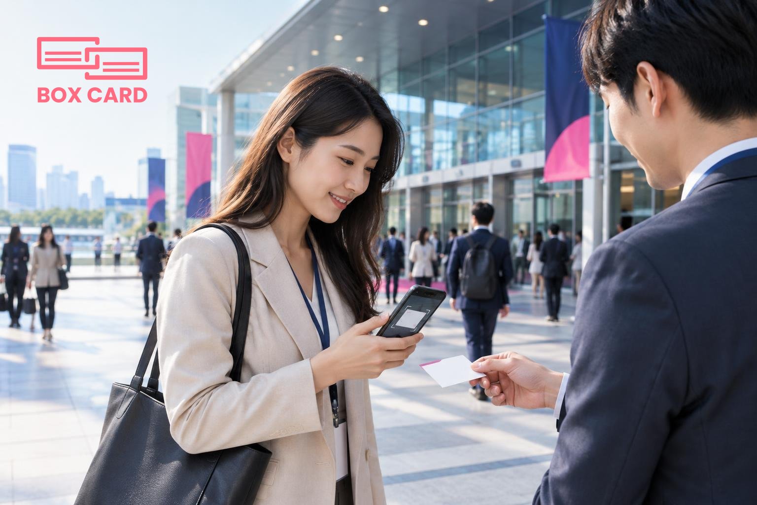 송도컨벤시아 전시장 입구 앞에서 참가자가 명함을 교환한 뒤 스마트폰으로 명함을 스캔하고 태깅하는 장면, 현실감 있는 사진 스타일