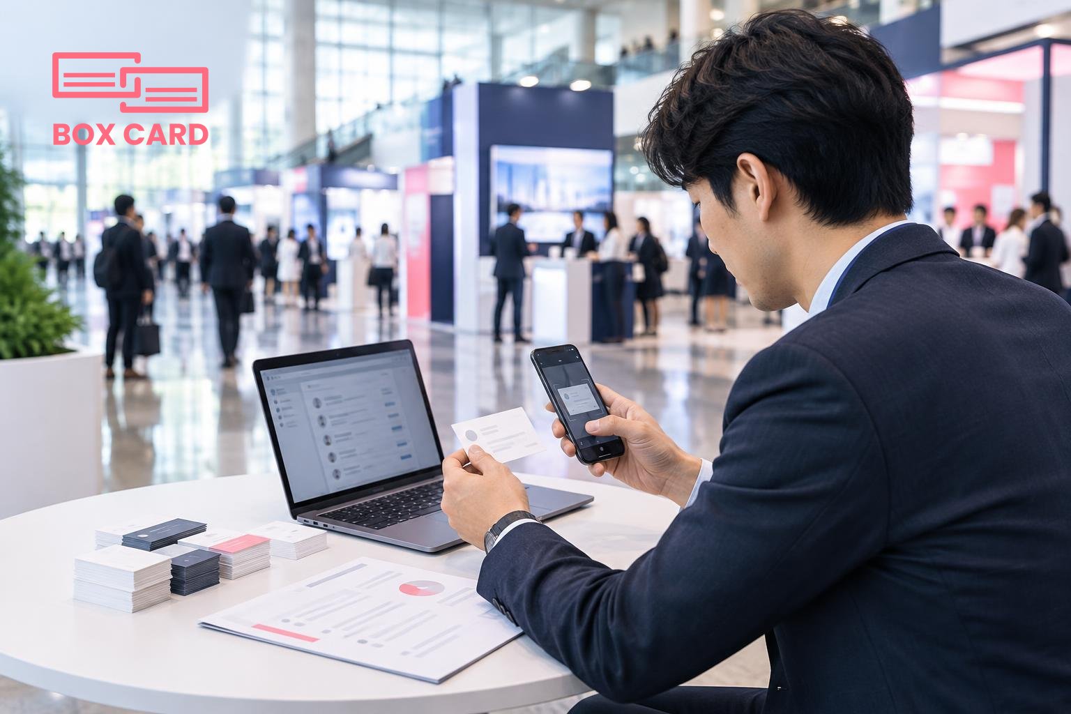 코엑스 전시장 로비에서 노트북과 스마트폰으로 명함을 스캔해 연락처를 정리하는 비즈니스맨, 탁자 위에 명함 더미와 한 페이지 요약 문서, 편집된 사진