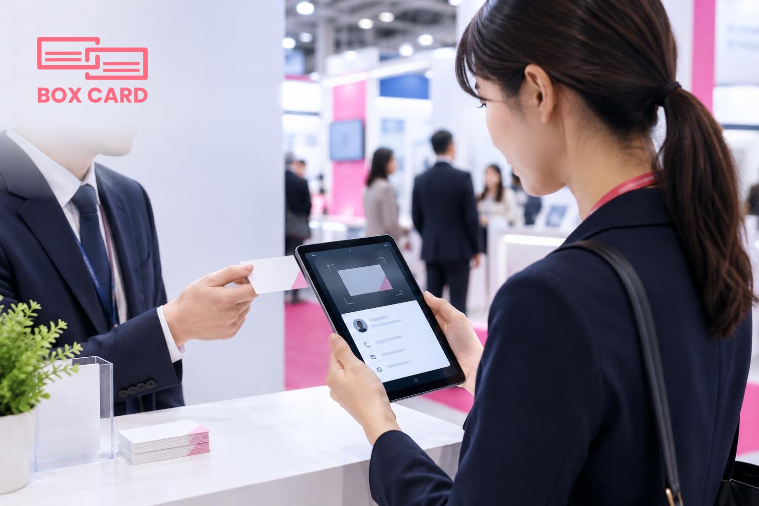 전시회 부스에서 영업 담당자가 태블릿으로 명함을 스캔하고 Boxcard 앱에 연락처를 정리하는 장면, 편집 사진