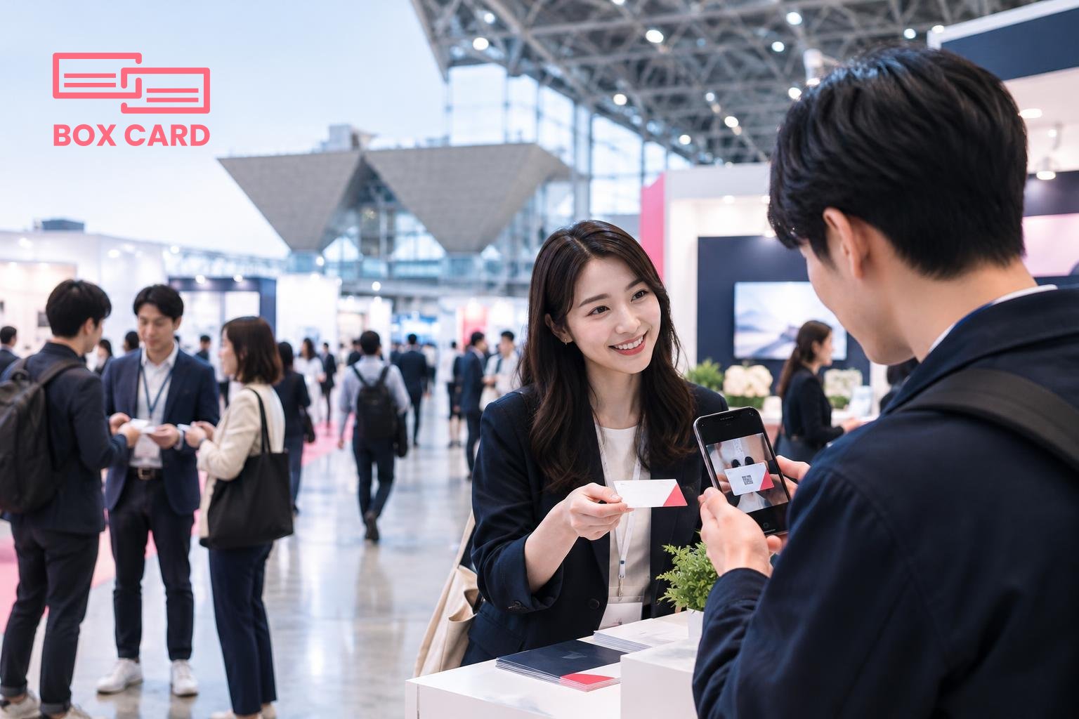 도쿄 빅사이트 전시장 내부에서 참가자들이 부스를 둘러보며 명함을 주고받는 장면, 한 참가자가 스마트폰으로 명함을 스캔하는 모습, 편집 사진